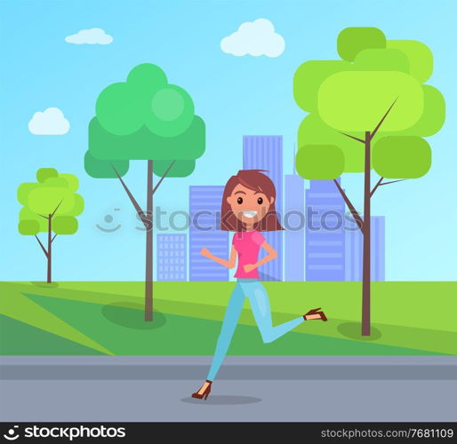 Happy girl joyfully runing and laughing in city park summer day. Concept of happiness and fun. Young smiling woman emotion of joy, cheerful female character rejoicing bounced on cityscape background. Happy girl joyfully runing and laughing in city park summer day. Concept of happiness and fun