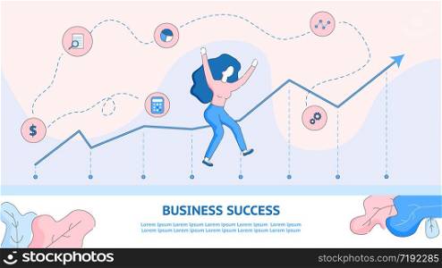 Happy Girl Jumping from Achieving Business Success. Flat Banner Illustration Young Woman Rejoices Bargain. Personal Financial Growth. Achievement Goal. Economic Success Chart. Up Arrow. Stock Broker