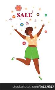 Happy girl jumping with colorful flowers and sale word illustration.