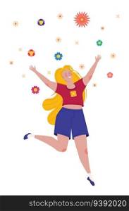 Happy girl jumping with colorful flowers illustration.