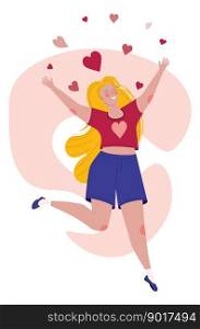 Happy girl jumping with pink hearts illustration.