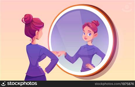 Happy girl looks in mirror and bump her fist with reflection. Vector cartoon illustration of beautiful young woman with smile looking on self in round mirror isolated on background. Beautiful girl looks in round mirror