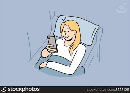 Happy girl lying on couch using cellphone texting or messaging. Smiling young woman relax on sofa at home browse internet on smartphone. Vector illustration. . Happy girl relax at home with cellphone