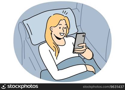 Happy girl lying on couch using cellphone texting or messaging. Smiling young woman relax on sofa at home browse internet on smartphone. Vector illustration.. Happy girl relax at home with cellphone