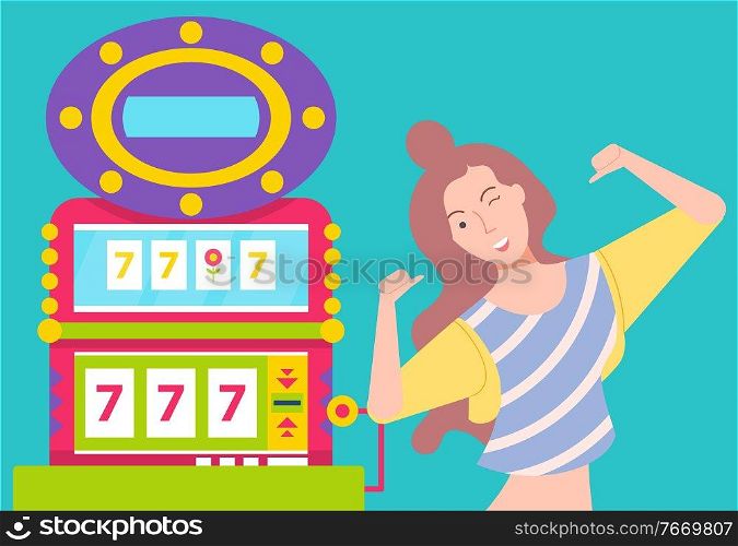 Happy girl near slot machine with 777 seven. Woman win jackpot and celebrate success. Game for gambling or lucky people vector illustration flat style. Winner Girl near Slot Machine 777, Risk and Luck