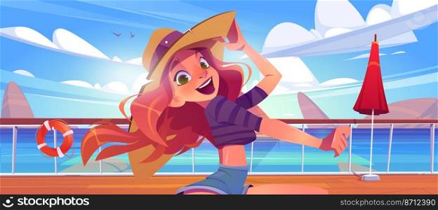Happy girl on cruise ship deck. Vector cartoon landscape of sea with rocks and beautiful woman in hat on wooden boat deck or quay with railing, umbrella and lifebuoy. Beautiful girl on cruise ship deck or quay
