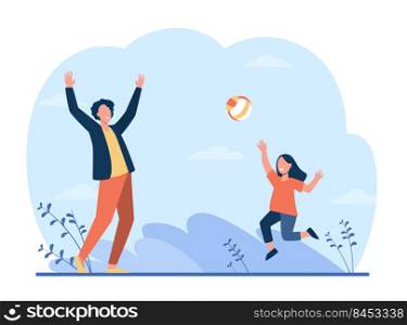 Happy girl playing with father in volleyball. Fun, dad, kid flat vector illustration. Sport game and activity concept for banner, website design or landing web page