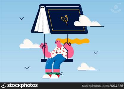 Happy girl reader fly on book as parachute enjoy literature. Smiling young woman dive into new world or horizons reading fairytale or novel. Education and self-development. Vector illustration. . Happy girl reader fry on book as parachute