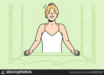 Happy girl rejoices in new day, peering out of window. Positive woman is filled with energy looking at bushes, trees from room. Good morning. Vector outline colorful isolated illustration.. Happy girl rejoices in new day, looking out of window.