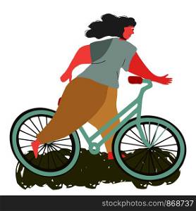 Happy girl riding a bicycle. White background. Flat Cartoon style. Vector illustration.. Happy girl riding a bicycle.