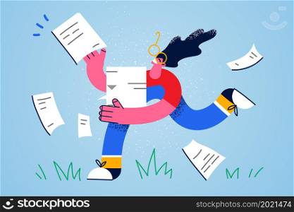 Happy girl run with paperwork feel excited with good exam mark or result for studying. Smiling woman with notes or document motivated with innovative idea. Paper work concept. Vector illustration. . Happy girl run with paperwork excited with good news
