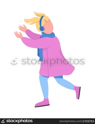 Happy girl running semi flat color vector character. Active figure. Full body person on white. December activity isolated modern cartoon style illustration for graphic design and animation. Happy girl running semi flat color vector character