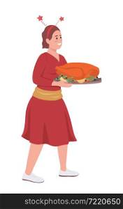 Happy girl serve turkey semi flat color vector character. Posing figure. Full body person on white. Festive home dinner isolated modern cartoon style illustration for graphic design and animation. Happy girl serve turkey semi flat color vector character