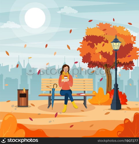 happy girl sitting on a bench with a cup of coffee, under a tree with falling leaves in a park. beautiful autumn city park with bench. Vector illustration in flat style. happy girl sitting on a bench with a cup of coffee