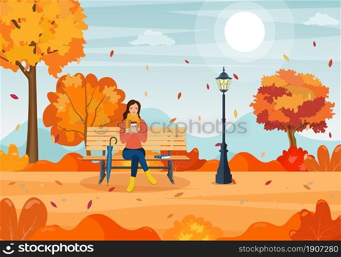 happy girl sitting on a bench with a cup of coffee, under a tree with falling leaves in a park. beautiful autumn city park with bench. Vector illustration in flat style. happy girl sitting on a bench with a cup of coffee