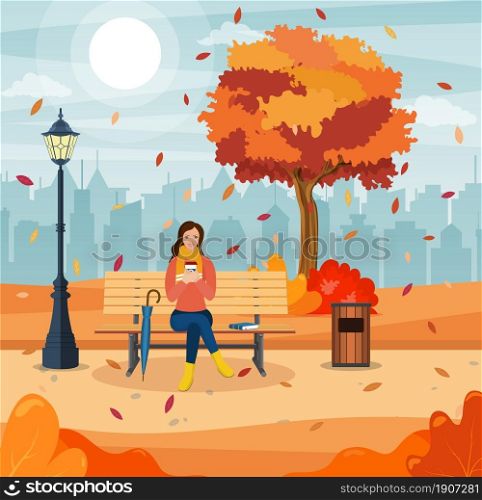 happy girl sitting on a bench with a cup of coffee, under a tree with falling leaves in a park. beautiful autumn city park with bench. Vector illustration in flat style. happy girl sitting on a bench with a cup of coffee
