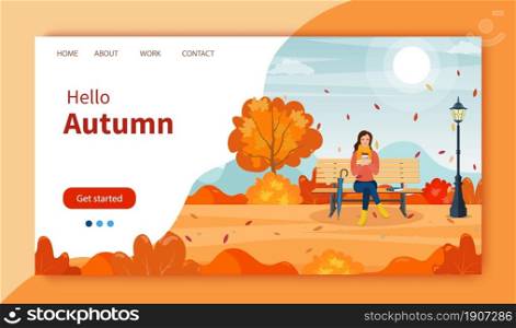 happy girl sitting on a bench with a cup of coffee, under a tree with falling leaves in a park. beautiful autumn city park with bench. Website Landing Page template. Vector illustration in flat style. happy girl sitting on a bench with a cup of coffee
