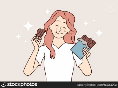 Happy girl smiles and eats delicious chocolate. A joyful woman enjoys a treat and feels great. Vector flat illustration