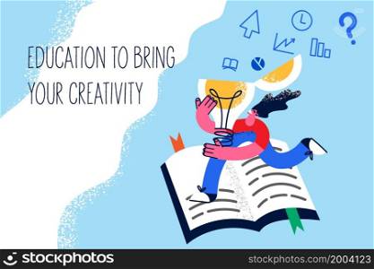 Happy girl student read book brainstorm develop interesting business idea or thought. Smiling woman study learn engaged in creative thinking. Education and creativity concept. Vector illustration. . Happy girl studying developing creative ideas
