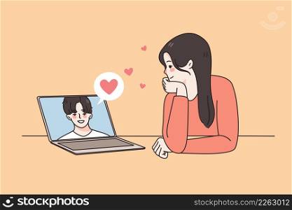 Happy girl talk on video call on laptop with boyfriend. Smiling loving woman have webcam virtual event on computer with male lover. Relationship on distance. Flat vector illustration.. Loving girl talk on video call with boyfriend