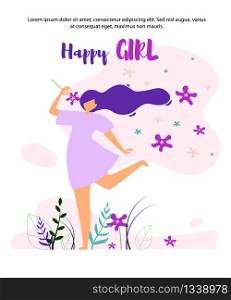 Happy Girl Walking on Lawn and Smelling Flower Flat Cartoon Poster Vector Illustration. Welcome Spring or Summer Concept. Woman Enjoying Nature and Plants. Happy Womans Day. Outdoor.