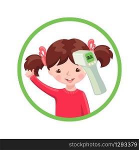 Happy girl with contactless infrared thermometer wich shows the normal temperature isolated on white background. Illustration in flat cartoon style. Vector illustration.. Happy girl with contactless infrared thermometer wich shows the normal temperature isolated on white background.