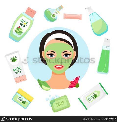 Happy girl with facial mask. Organic cosmetics vector illustration. Aloe vera mask of girl, organic cosmetic. Happy girl with facial mask. Organic cosmetics vector illustration