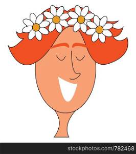 Happy girl with four chamomile flowers on her head, vector, color drawing or illustration.