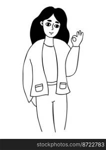 Happy girl with long hair and shows hand gesture ok. Vector illustration. Linear hand drawn doodle. Cute female character