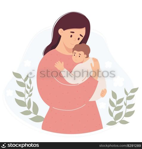 Happy girl with newborn. Cute woman gently hugs baby in her arms. Vector illustration in flat style. Mothers Day, parent, motherhood concept