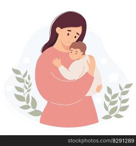 Happy girl with newborn. Cute woman gently hugs baby in her arms. Vector illustration in flat style. Mothers Day, parent, motherhood concept