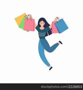 Happy girl with shopping. A woman with bags runs out of the store. Concept of shopping in a supermarket. Online women’s clothing store.