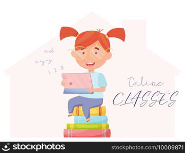 Happy girl with tablet during online classes. Remote learning concept. vector illustration.