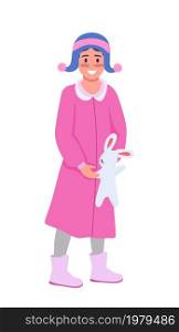 Happy girl with toy semi flat color vector character. Standing figure. Full body person on white. Winter season isolated modern cartoon style illustration for graphic design and animation. Happy girl with toy semi flat color vector character