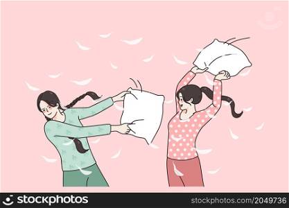 Happy girlfriends have fun beat with pillows at pajama party at home. Smiling girls feel crazy with pillow fight at domestic sleepover on weekend. Friendship concept. Flat vector illustration. . Overjoyed girls have fun on pajama party