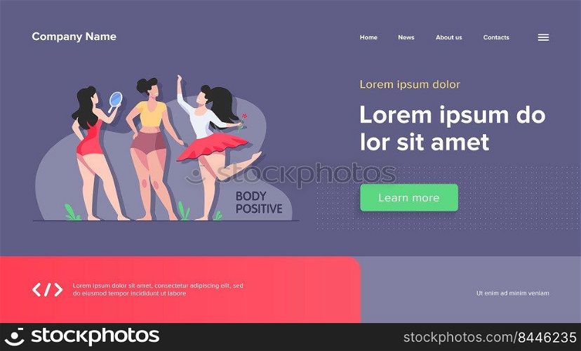 Happy girls admiring their bodies flat vector illustration. Body positive female characters smiling each other. Active women with plus size figures. Different beauty, fashion and healthy lifestyle