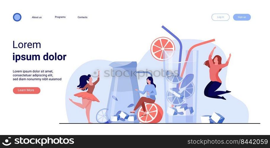 Happy girls drinking fresh lemonade. Young woman enjoying cocktails, having fun near glasses with cold fruit drinks and straws. Vector illustration for celebration, summer, party concept