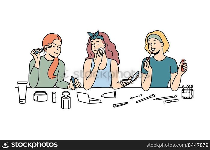 Happy girls have fun applying makeup enjoying beauty day together at home. Smiling girlfriends do cosmetic procedures on spa weekend indoors. Vector illustration.. Happy girls applying makeup
