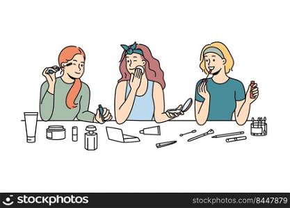Happy girls have fun applying makeup enjoying beauty day together at home. Smiling girlfriends do cosmetic procedures on spa weekend indoors. Vector illustration.. Happy girls applying makeup