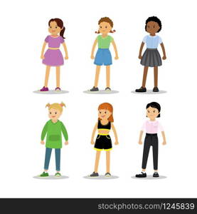 Happy girls is standing,kids characters in front view,isolated,flat vector illustration