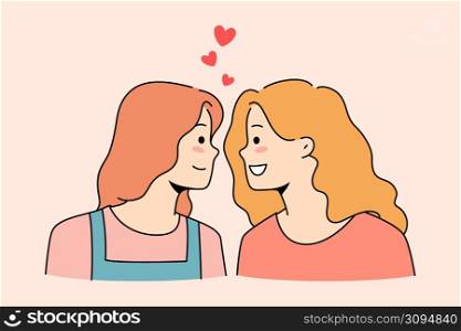 Happy girls look in eyes share love and emotions in romantic relationships. Smiling young lesbian women couple romance. LGBT and homosexual relations concept. Vector illustration. . Happy lesbian women look in eyes show love