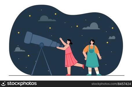 Happy girls looking at stars through telescope. Female people studying astronomy flat vector illustration. Education, optical bar, observation concept for banner, website design or landing web page