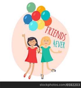Happy girls with colorful balloons friends forever. Dark-haired girl in red dress and blonde girl in blue dress having fun, smiling and holding air balls. Female friendship vector illustration.. Happy Girls with Colorful Balloons Friends Forever