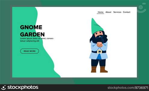 happy gnome garden vector. cute green, fantasy beard, kitsch ing happy gnome garden web flat cartoon illustration. happy gnome garden vector