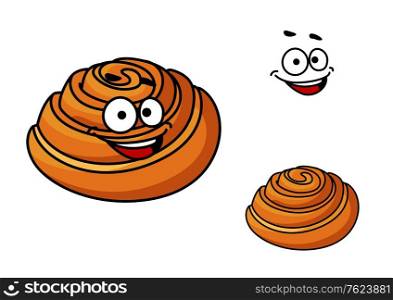 Happy golden brown delicious cartoon sticky bun with a smiling face isolated on white
