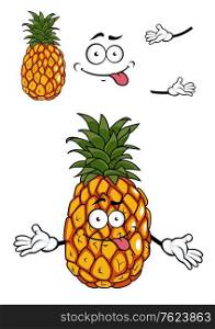 Happy golden tropical pineapple with a wide toothy smile and green leaves on top, cartoon illustration