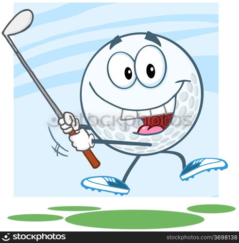 Happy Golf Ball Cartoon Character Swinging A Golf Club
