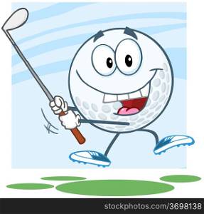 Happy Golf Ball Cartoon Character Swinging A Golf Club
