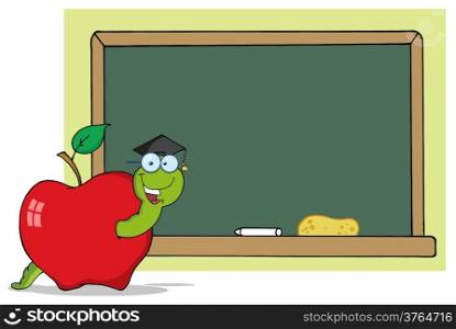 Happy Graduate Cartoon Worm In Apple And School Chalk Board