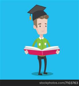 Happy graduate standing with a big open book in hands. Smiling male student in graduation cap reading a book. Man holding a book. Concept of education. Vector flat design illustration. Square layout.. Graduate with book in hands vector illustration.